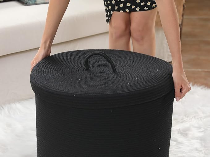 20x15 Inch Extra Large Round Cotton Rope Storage Basket with Lid, Decorative Woven Bin with Cover for Living Room Bedroom Closet, Black - Image 7