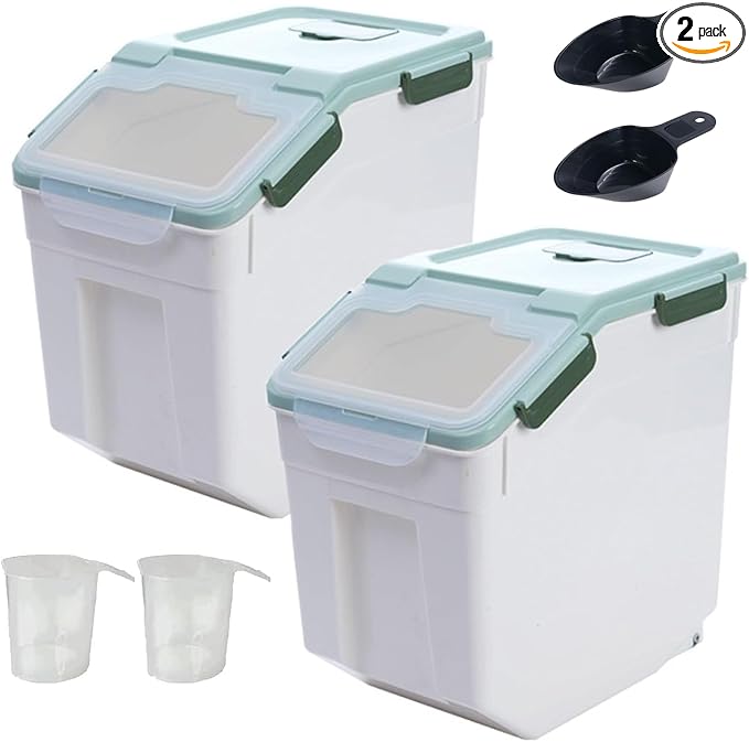 2 Pack 50 lb Airtight Flour Storage Containers with Wheels, Green | Large Rice Bin, Seal Locking Lid, BPA-Free, Includes Measuring Cup & Scoop, Kitchen Organization by Begino