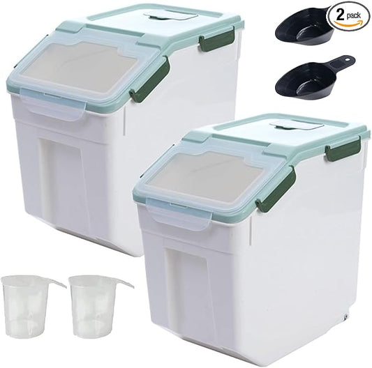2 Pack 50 lb Airtight Flour Storage Containers with Wheels, Green | Large Rice Bin, Seal Locking Lid, BPA-Free, Includes Measuring Cup & Scoop, Kitchen Organization by Begino