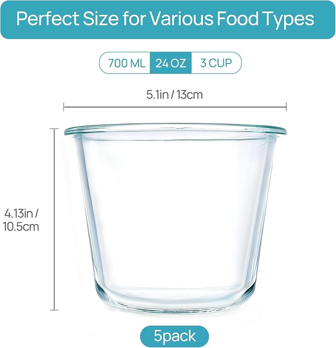 Vtopmart 5 Pack 3 Cup Glass Soup Container Set with Airtight Lids | Meal Prep Freezer Containers, Glass Food Storage Jar for Salad, Fruit, Lunch, Leftover, BPA-Free, Microwave, Dishwasher Safe - Image 2