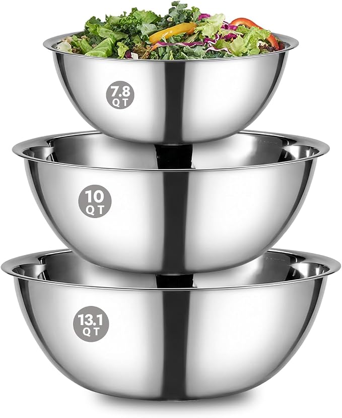 3 Piece Stainless Steel Mixing Bowls Set, 7.8/10/13.1 QT | Extra Large Stainless Steel Mixing Bowls Set, 7.8/10/13.1 QT, Nesting Metal Bowls with Flat Base for Baking, Dough & Catering - Image 2