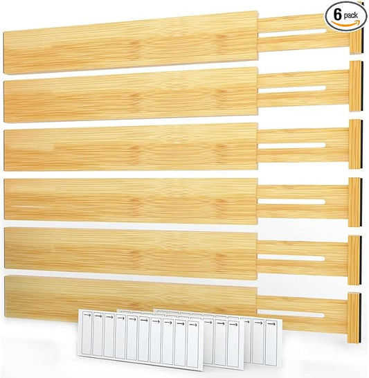 SpaceAid Bamboo Drawer Dividers with Labels, Kitchen Adjustable Drawer Organizers, Expandable Organization for Home, Office, Dressers and Bathroom, 6 Dividers (17-22 in) by SpaceAid