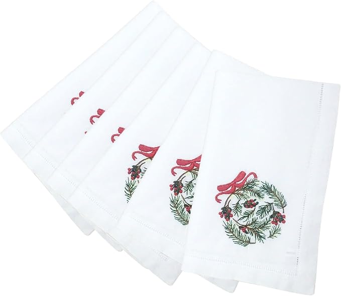 Embroidered Cloth Napkin Pine Ornament Christmas Cotton Napkins Set of 6, 20x20 Hemstitch Table Napkins Machine Washable, Daily & Christmas, Great Present Ideas by Unknown