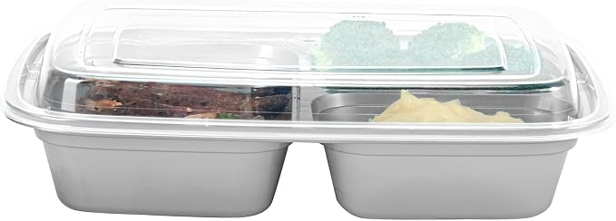 Asporto 26 Ounce Compartment Take Out Boxes, 100 Microwavable Meal Prep Containers - 3 Compartments, With Clear Plastic Lids, Silver Plastic Food Containers, Do Not Contain BPA - Restaurantware - Image 11