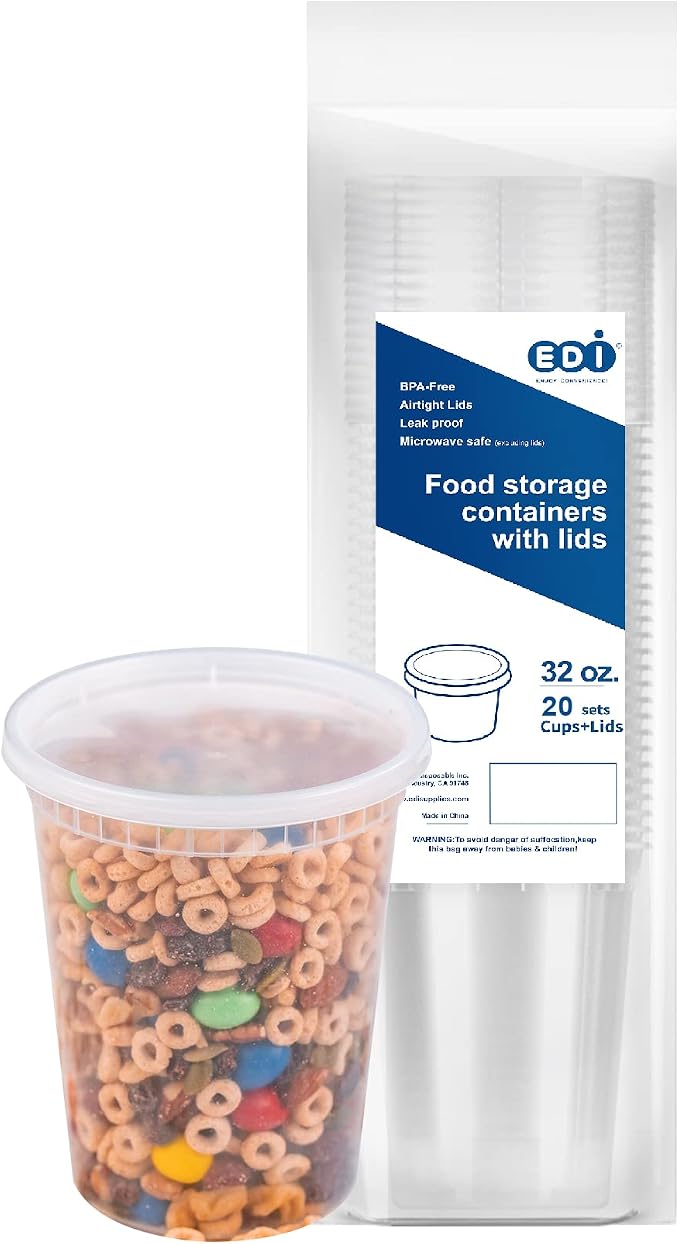 [32 OZ, 20 Sets] Plastic Deli Food Storage Containers with Airtight Lids | Microwave-, Freezer-, Dishwasher-Safe | BPA Free | Heavy-Duty | Meal Prep | Leakproof | Recyclable by EDI