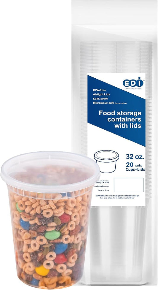 [32 OZ, 20 Sets] Plastic Deli Food Storage Containers with Airtight Lids | Microwave-, Freezer-, Dishwasher-Safe | BPA Free | Heavy-Duty | Meal Prep | Leakproof | Recyclable by EDI