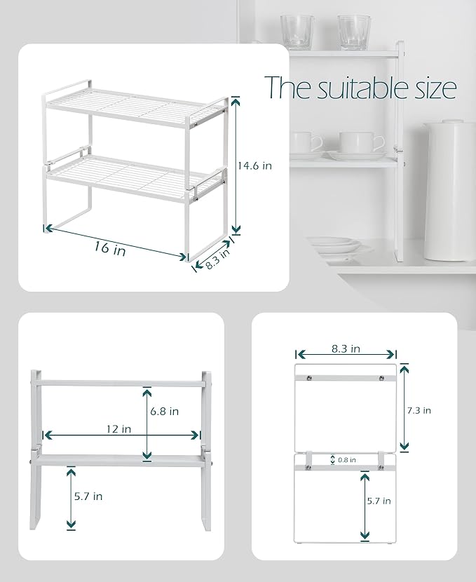 Shantton Cabinet Shelf Organizer, Pantry Shelf Rack, White 16x8.3x7.3 | 2-Pack Stackable Metal Riser Holds 40LBS with Non-Slip Feet for Kitchen Pantry Bathroom Countertop Freezer Cupboard - Image 3