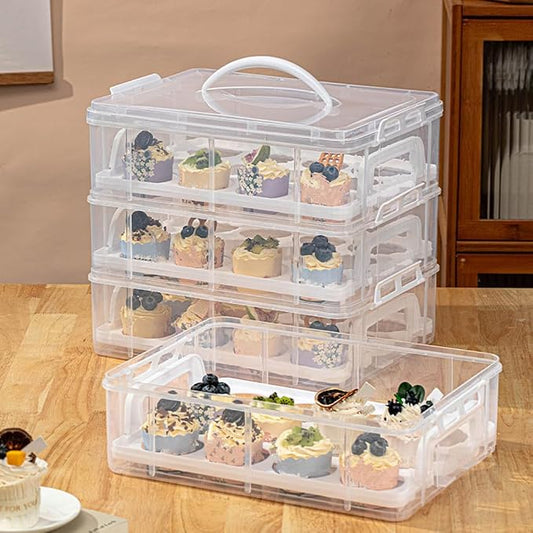 4-Tier Cupcake Carrier Stackable Storage Container,Store up to 48 Cupcakes | Plastic stackable trays with Lid and Handle. Lightweight for parties, baking, travel. Keeps cupcakes secure. BPA-free. by BILPIKOGoo