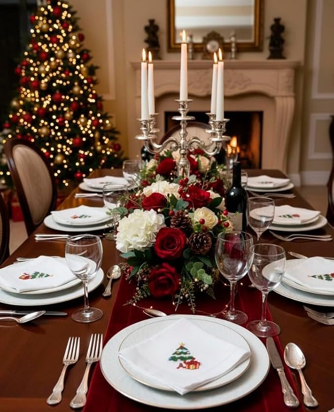 Embroidered Cloth Napkin Christmas Tree and Gift Box Cotton Napkins Set of 6, 20 x 20 Hemstitch Table Napkins Machine Washable, Daily & Holidays, Great Gift Ideas - Image 2