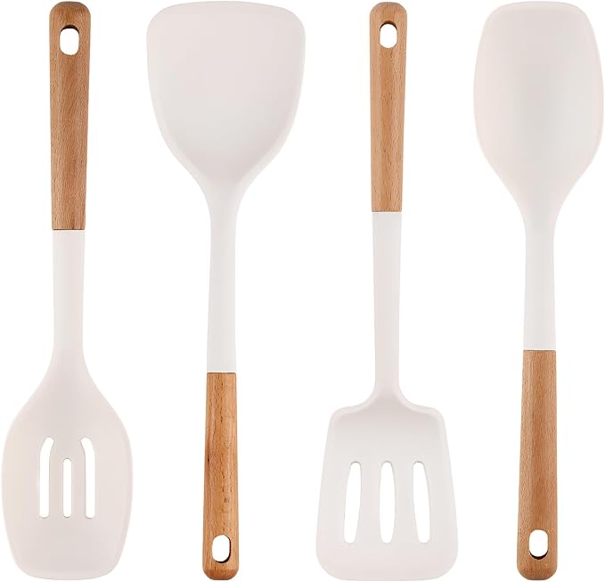Silicone Kitchen Utensils Set of 4, Large Non-Stick Cooking Utensil Set w Wooden Handle Food Grade Heat Resistance Turner Spoon Silicone Cooking Kitchen Gadgets BPA Free for Nonstick Cookware - Image 8