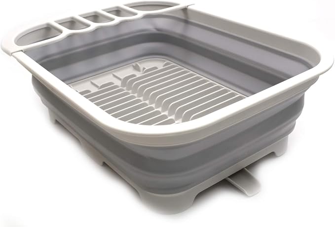 SAMMART 12L (3.17 Gallon) Collapsible Dish Drainer with Swivel spout - Foldable Drying Rack Set - Portable Dinnerware Organizer - Space Saving Kitchen Storage Tray (Grey) - Image 2