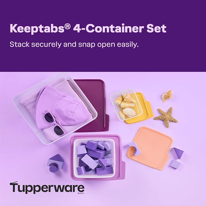 Tupperware Keeptabs 4-Container Stacking Food Storage Set, Multi Color Lids, Nestable, Dishwasher Safe and BPA Free (4 Containers, 4 Lids) - Image 2