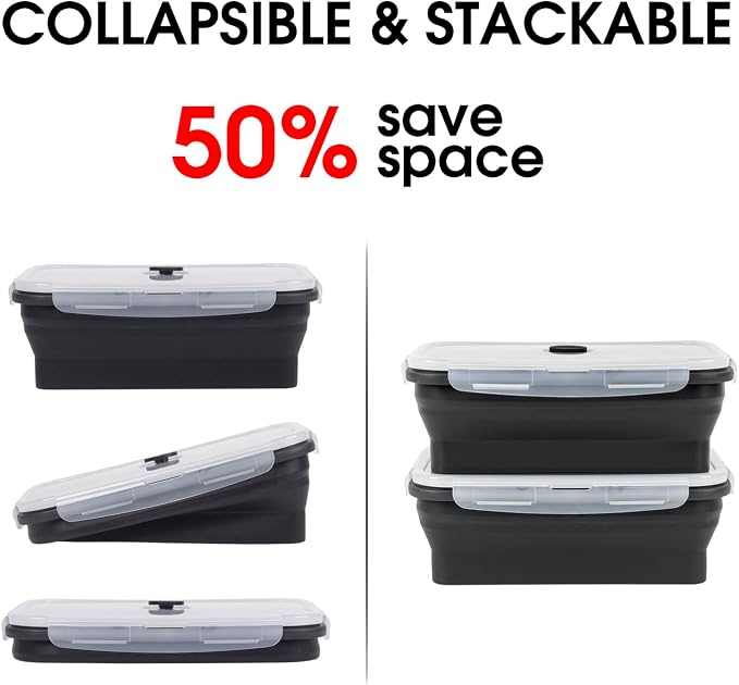 Collapsible Food Storage Containers with Lids, 8 Pack, 40 oz Silicone 1-Compartment Meal Prep Containers Reusable, Lunch Bento Boxes for Adults, Microwave Freezer Dishwasher Safe, BPA-Free, Black - Image 4