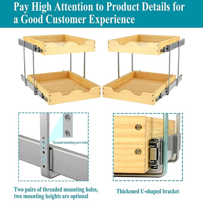OCG 2 Tier Pull Out Drawers For Cabinets, Double Tier Slide out Wood Cabinet Organizer, Pull Out Shelves for Base Cabinet Organization in Kitchen, Pantry, Bathroom - Image 3
