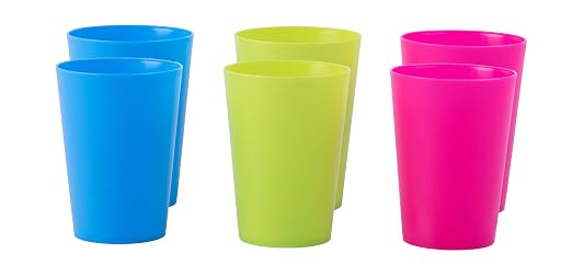 7 oz Reusable Plastic Drinking Tumblers, 6-Piece Kids Party Cup Set, Assorted Red Green Blue, Two of Each for Home Meals Picnics Outdoor Use by Basicwise