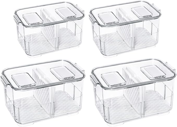Refrigerator Organizer Bins, Stackable Freezer Lettuce Keeper with Lids and Removable Drain Tray Food Storage Containers for Fridge Freezer Cabinet Kitchen Organization - 4 Pack by blitzlabs