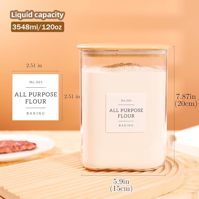2 Pack Square Glass Flour and Sugar Containers with 132 Kitchen Pantry Labels - Thicken 120 FL OZ Large Glass Storage Jars with Airtight Bamboo Lid - Big Food Canisters for Cookies, Rice, Coffee - Image 3
