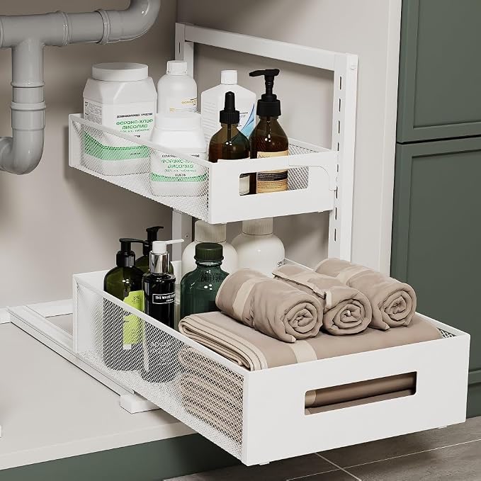 Petiza Under Sink Organizer Adjustable Height 2 Tier Bathroom Organizer Pull Out Cabinet Organer kitchen organizers and storage fridge organizers and storage,White,XL-1 Pack by petiza