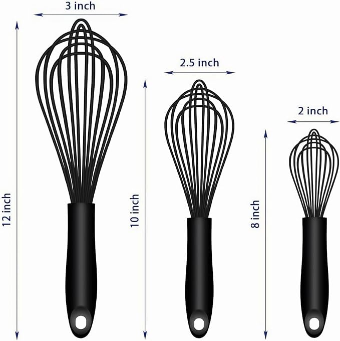 Dishwasher Safe Silicone Whisk, Sealed Waterproof Design Set of 3, Professional Kitchen Whisks for Cooking Non-Scratch, Silicone & Stainless Steel Whisk, Heat Resistant Balloon Egg Beater, Black - Image 6