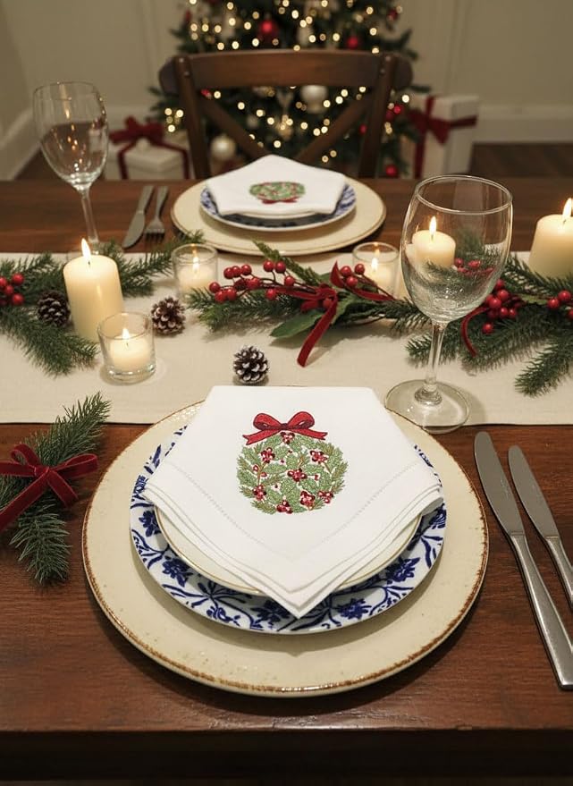 Embroidered Cloth Napkin Pine Christmas Wreath Cotton Napkins Set of 6, 20 x 20 Hemstitch Table Napkins, Machine Washable, for Daily & Holiday Dining, Great Gift Ideas - Image 3