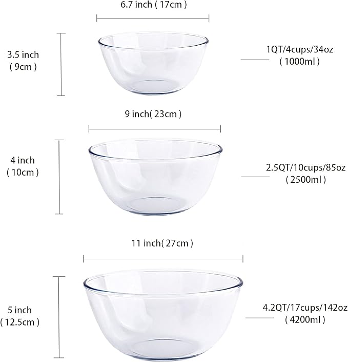 Homwin Glass Mixing Bowl Set for Baking 3-Piece Salad Bowl Set (1qt, 2.5qt, 4.2qt), High Brosilicate Large Bowls for Kitchen Prepping Serving and Storage, Microwave Dishwasher Oven Safe - Image 3