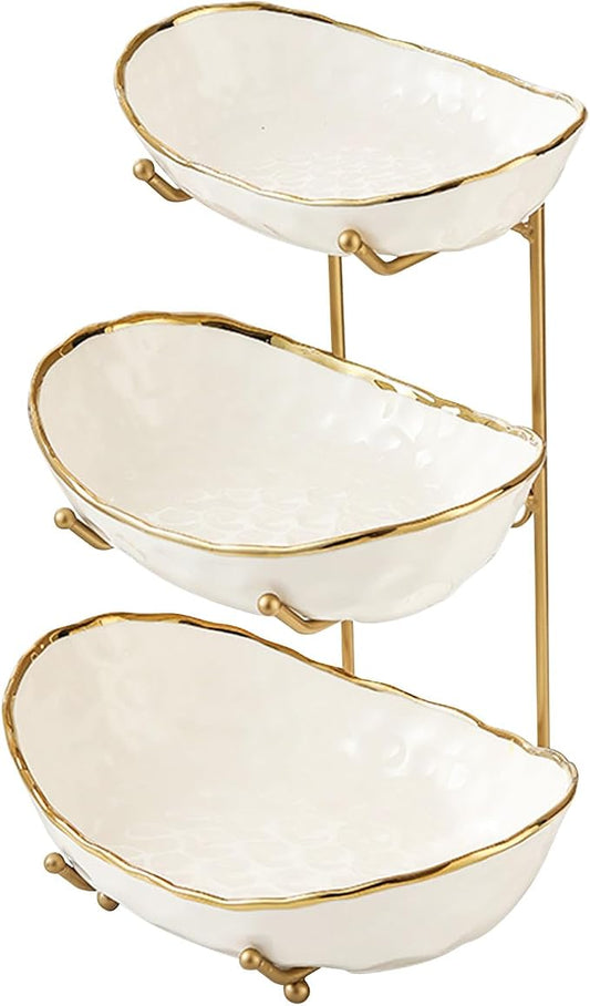 White Fruit Bowl with Gold Metal Stand, 3 Tier Modern Ceramic Fruit Bowl Fruit Rack for Kitchen Counter, Tiered Fruit Basket for Snacks Bread Candy Storage (White,3 Tier) by MEIGLQEA