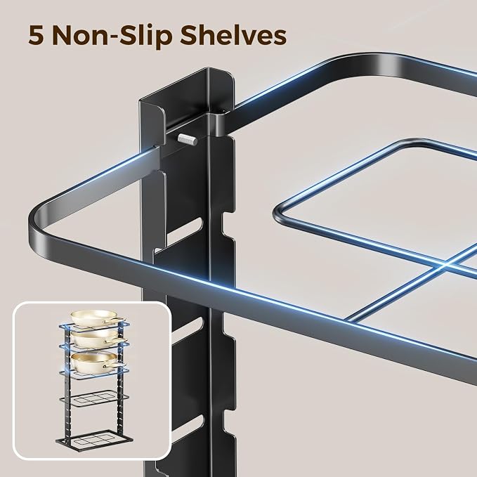 LAMU Pots and Pans Organizer Under Cabinet, 5 -Tier Dual-Pillar Design | Adjustable All-Metal Rack Stores Pots, Pans And Lids in Cabinets, on Countertops or Under Sinks, Holding Up to 55 Lb Black - Image 5