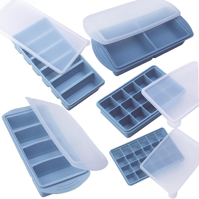 Silicone Freezer Molds Gift Set with 1,and 2 Tbsp, 1/2, 1, and 2 Cup Silicone Freezer Trays With Lids - Meal Prep and Kitchen Essentials Bundle (Blue 5 Pack) by BECOKIT