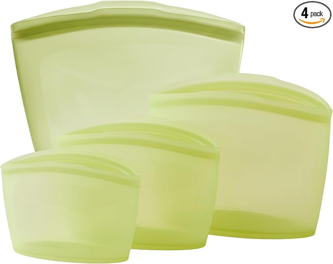 Blue Ginkgo Silicone Food Storage Bags, 4-Pack, Reusable, Made in Korea | Leakproof. Stand Up. Freezer and Dishwasher Safe. (Olive Green) by BLUEGINKGO