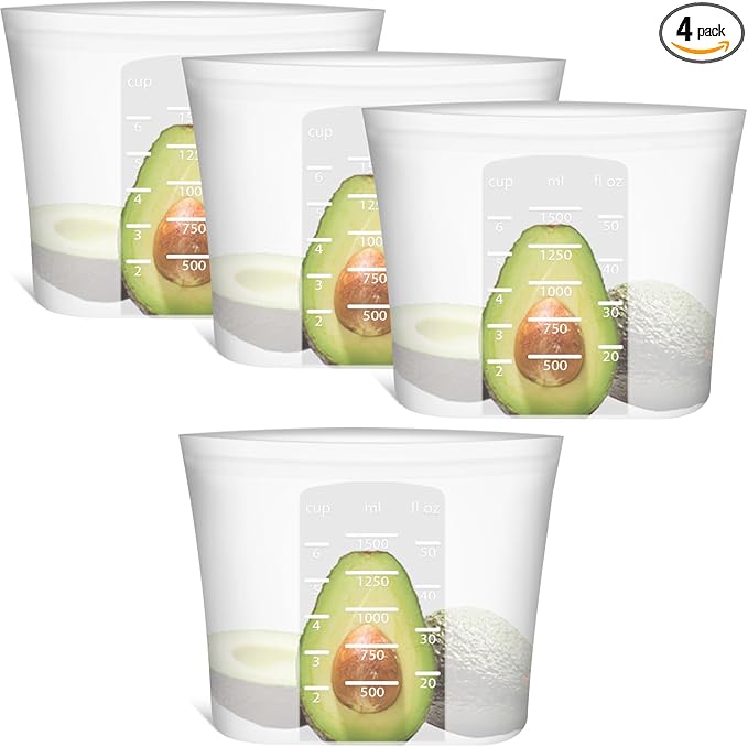 Large Reusable Food Bags 4 Pack, 1.5 Quart(50.7fl.oz) 100% Silicone Storage Bags Stand Up Zip Silicone Food Container, Freezer Microwave Oven Dishwasher Safe, Translucent by Annaklin