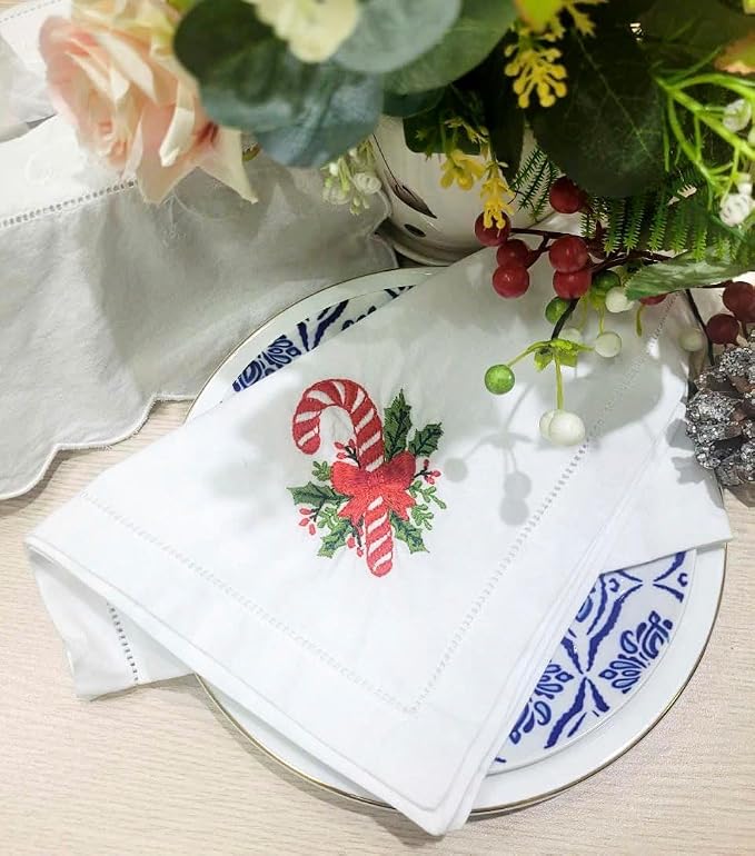 – Embroidered Cloth Napkin Candy Christmas Design, Set of 6 100% Cotton Hemstitch Table Napkins 18x18, Machine Washable – Festive Holiday & Everyday Dining, Great Gift Ideas - Image 3