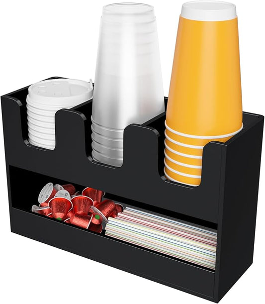 Beego 4-Compartment Cup Holder for Countertop - 2-Tier Black Acrylic Cup Dispenser Coffee Station Paper Cup and Lid Organizer Condiment Storage for Restaurant Breakroom Kitchen Bar Accessories by beegoofficial