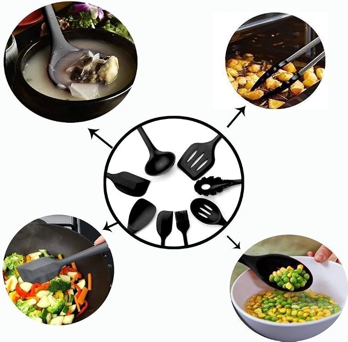 Silicone Kitchen Spatula and Utensils Spoon Set Cooking + Baking Set- 12 Pcs Non-Stick with Wooden Handle-BPA Free,Heat Resistant Item,Flexible Non Toxic Silicon Cookware Tools (Black) - Image 3