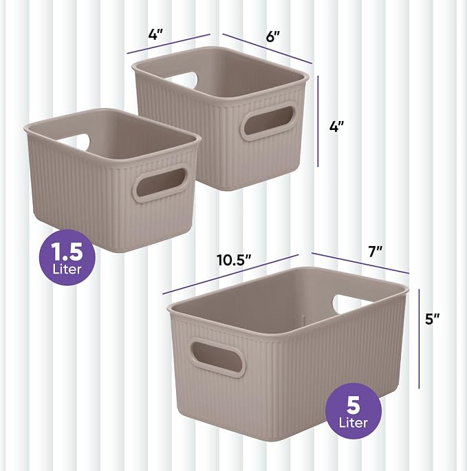 Superio Ribbed Collection - Decorative Plastic Basket Open Home Storage Bins Organizer, Taupe (Set of 3) 1 Medium, 2 Small - Container Boxes for Organizing Closet Storage Bins for Shelves - Image 2