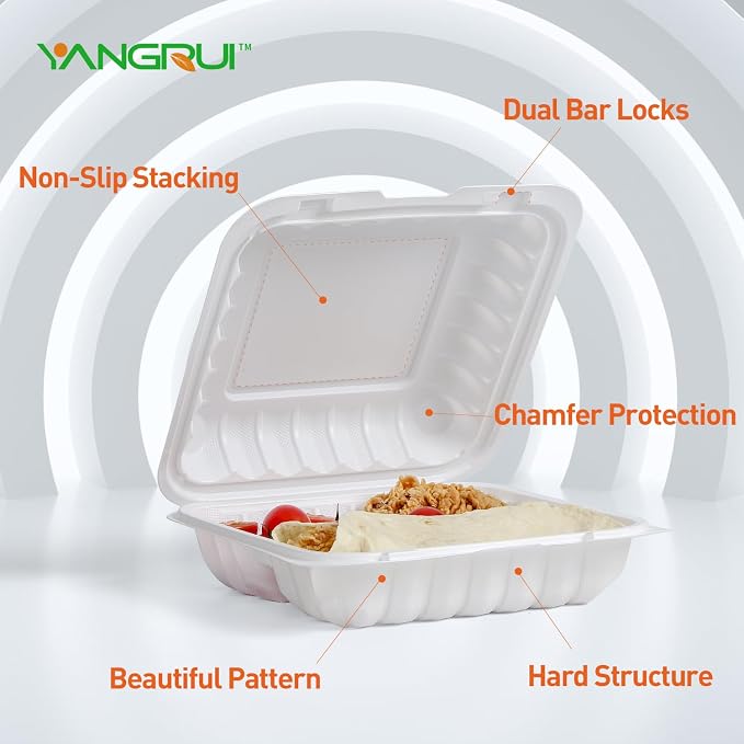 YANGRUI 150-Pack 34oz 8" White Hinged Containers - Mineral-Filled PP | Clean Packed Ready to Use | Heavy Duty Meal Prep & Takeout Boxes | Microwave Safe BPA Free, Stackable Clamshell for Leftovers - Image 5