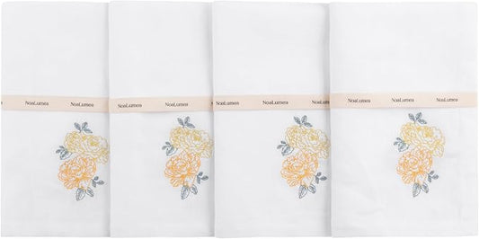 White Linen Napkins Set of 4-100% Pure Linen Embroidered Dinner Napkins, Washable Reusable, 19 x 19 Inch for Spring Summer Mother's Day - Botanical Embroidery (Rose Garden Collection) by Noalumea