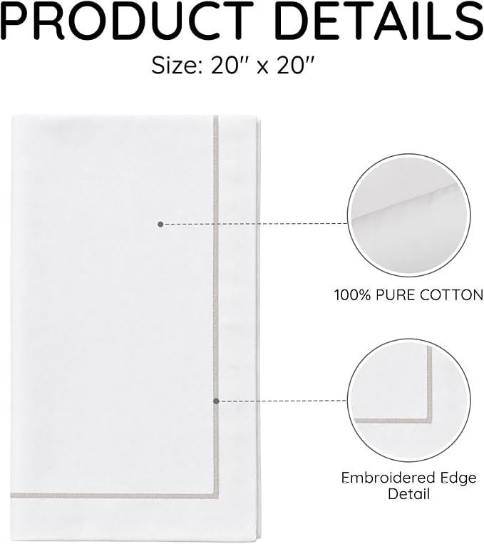 Cloth Napkins Set of 4, 20x20 inch, 100% Pure Cotton Hand Embroidered French Knot, Reusable & Machine Washable, Elegant Table Napkins for Dinner, Weddings, Parties (Taupe Line) - Image 3