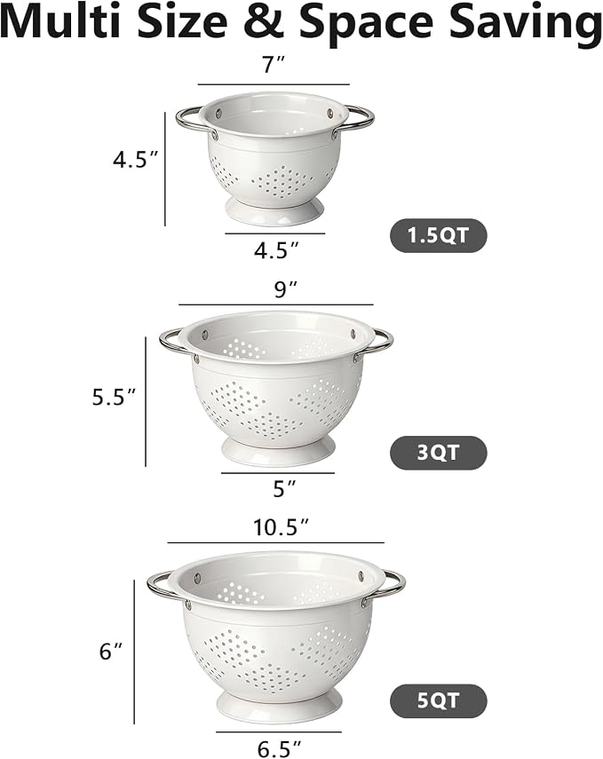 Colander Set for Kitchen, 1.5, 3, 5 Qt Food Strainers and Colanders | Stainless Steel Handle,Strainers and Colanders For Pasta, Vegetables, and Fruits, Coated Metal, Kitchen Essential - Image 4