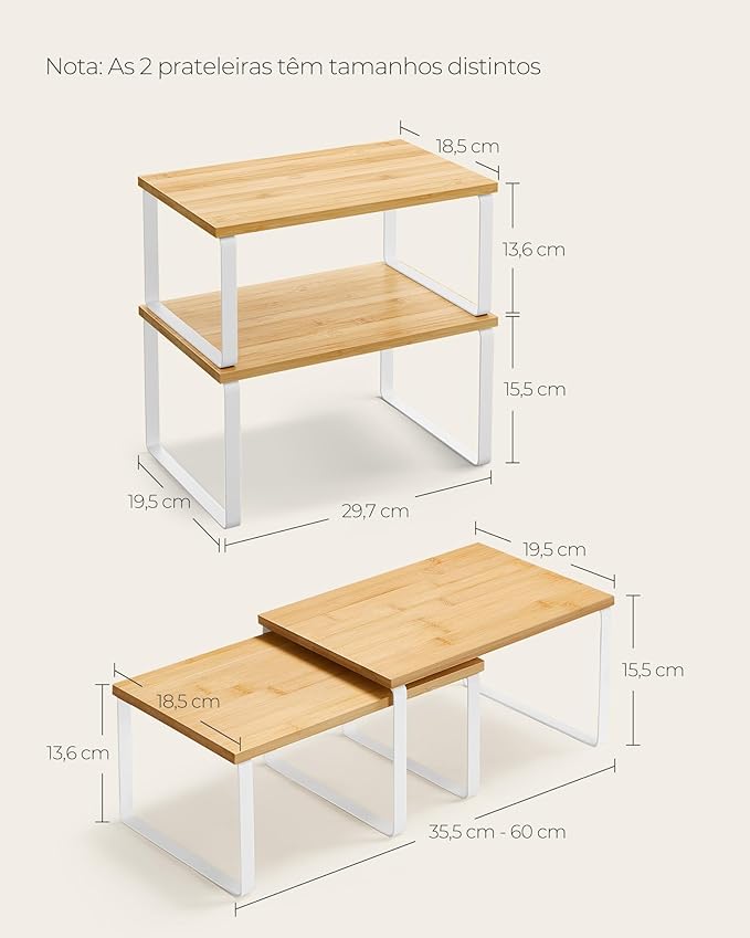 SONGMICS Cabinet Organizer Shelf, Set of 2 Kitchen Counter Shelves, Kitchen Storage, Spice Rack, Stackable, Expandable, Metal and Engineered Wood, 11.7 Inches, Cloud White and Natural Beige UKCS02NW - Image 5