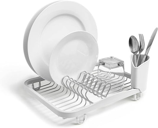 Umbra Sinkin Dish Drying Rack, in Sink or Countertop Drainer, White/Nickel | Removable utensil holder, non slip rubber feet, fits standard sizes, coated wire and plastic by Umbra