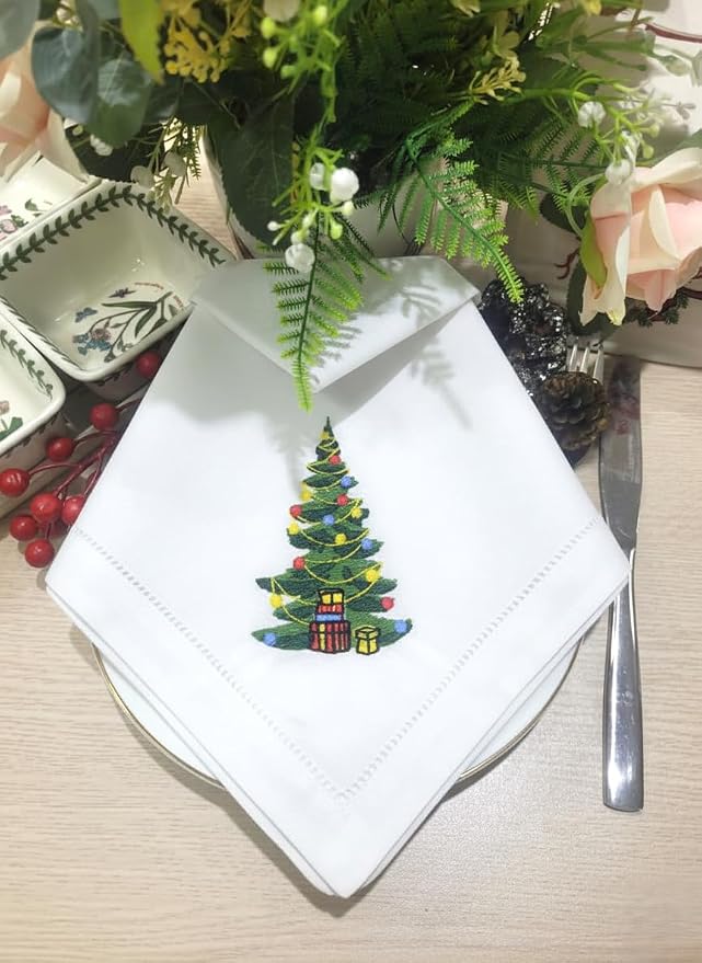 – Embroidered Cloth Napkin Christmas Tree Cotton Napkins Set of 6, 20 x 20”, Hemstitch Table Napkins, Machine Washable, Daily & Holidays, Great Gift Ideas - Image 6