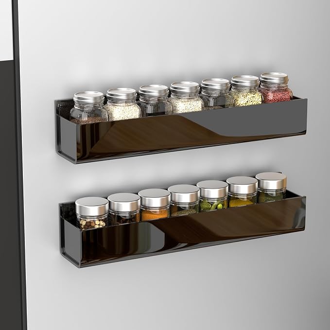 PMMASTO Adhesive Acrylic Spice Rack Organizer for Wall with Nano Double Sided Tape, Spice Shelf Organization for Kitchen Cabinet Door/Pantry Door, Wall Mount Seasoning Rack (Black-2 Pack) - Image 2