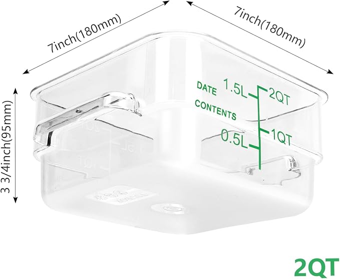 4 Pack Food Storage Containers with Green Lids, 2.0 Qt - Square, Clear, Polycarbonate, for Restaurant Commercial Kitchen and Home party - Image 2