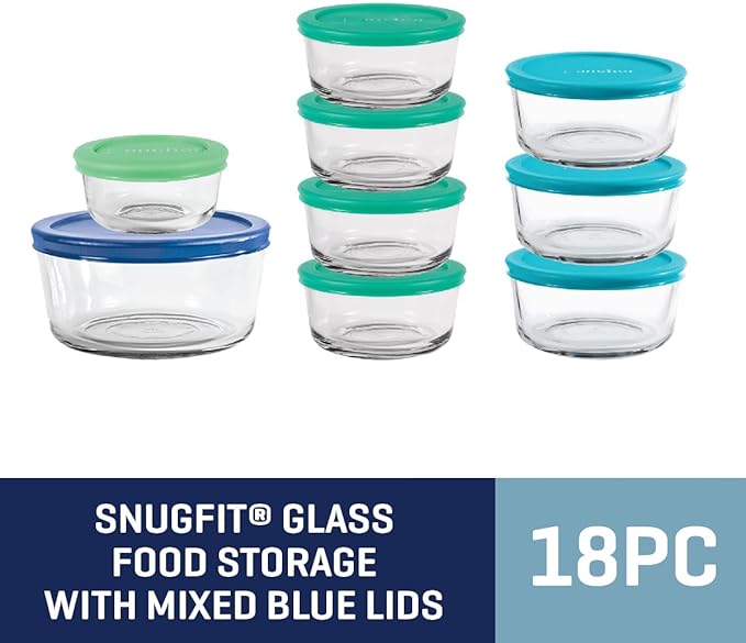 Anchor Hocking 18 Piece Glass Storage Containers with Lids (9 Glass Food Storage Containers & 9 Mixed Blue SnugFit Lids) - Image 7