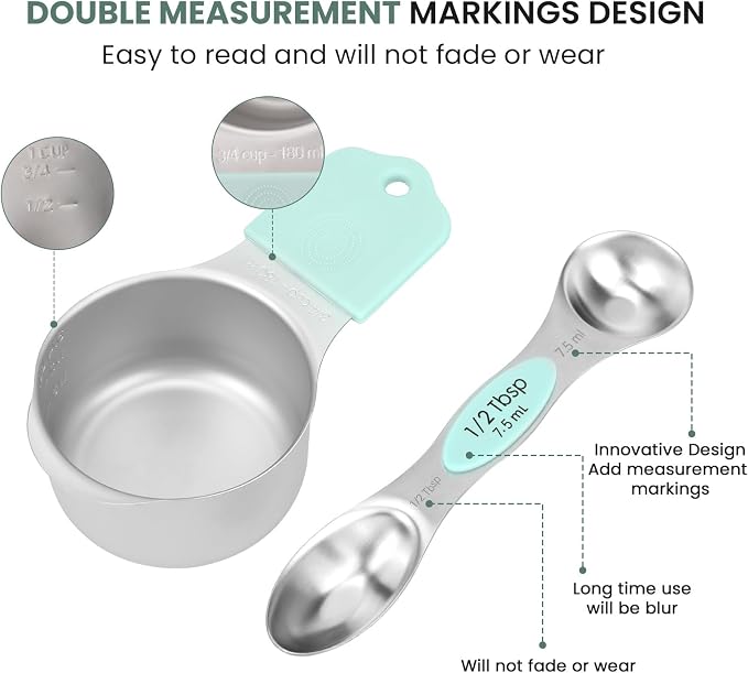 Magnetic Measuring Cups and Spoons Set-Heavy Duty 304 Stainless Steel，Double Measurement Markings，Set of 16 with Leveler for Measure Dry and Liquid Ingredients (Mint) - Image 4