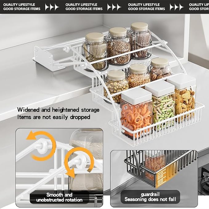 3-Tier Pull Down Spice Rack Organizer for Inside Cabinet Expandable Display Riser Shelf Seasoning Shelf (10.8IN/White) - Image 3