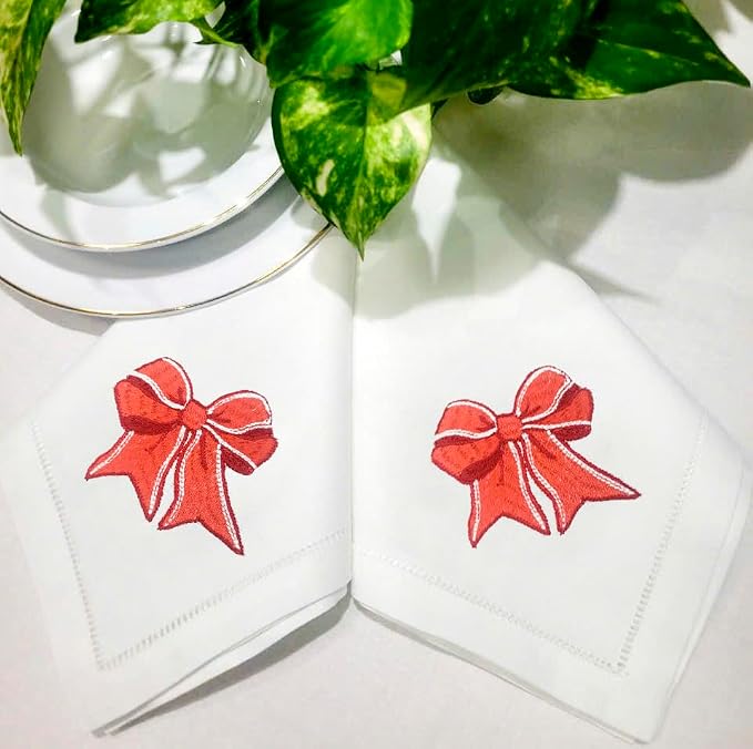 Embroidered Cloth Napkin Red Bow Cotton Napkins Set of 6, 20 x 20 Hemstitch Table Napkins, Machine Washable, for Daily & Holiday Dining, Great Gift Ideas - Image 3