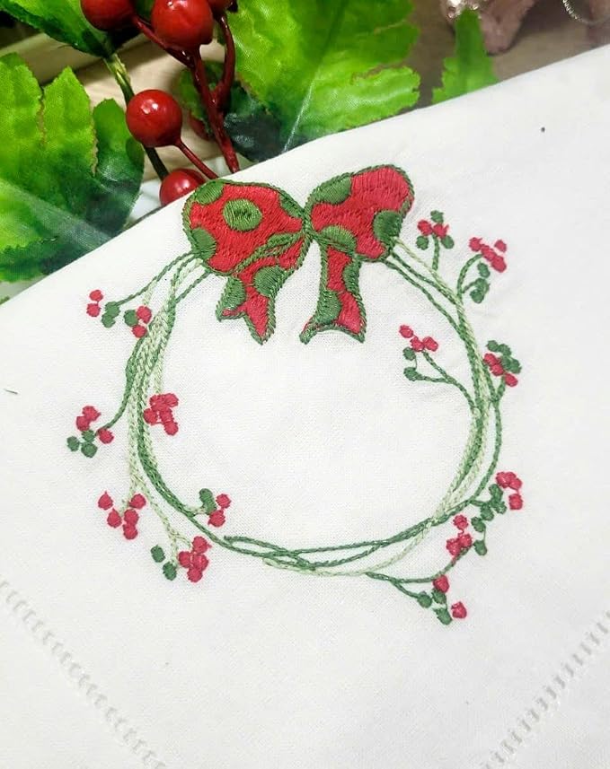 Embroidered Cloth Napkin Red Bow & Berry Wreath Christmas Cotton Napkins Set of 6, 20 x 20 Hemstitch Table Napkins, Machine Washable, Daily & Holidays, Great Gift Ideas - Image 4
