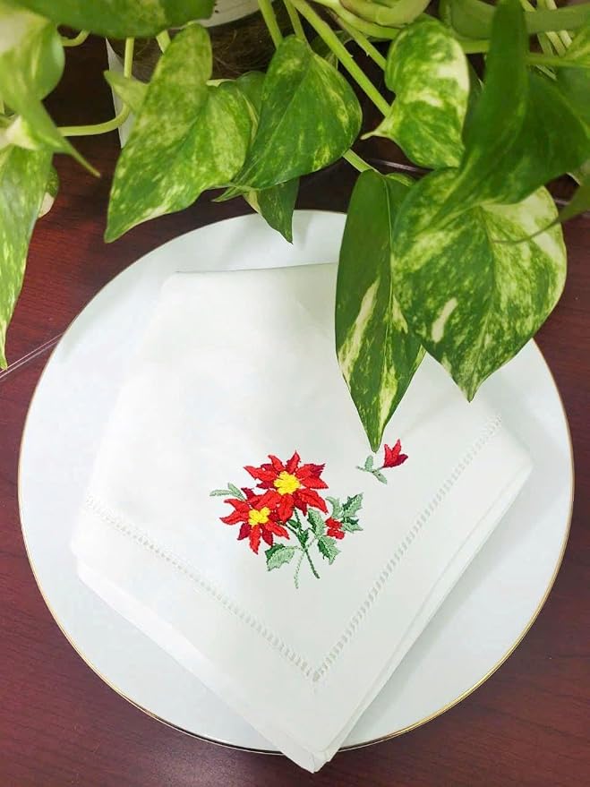 Embroidered Cloth Napkin Red Poinsettia and Holly Christmas Cotton Napkins Set of 6, 20 x 20 Hemstitch Table Napkins Machine Washable, Daily & Holidays, Great Gift Ideas - Image 4
