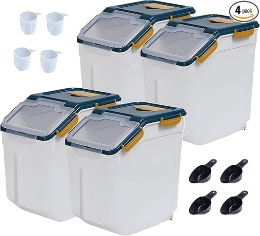 Large Flour Storage Container Bin 25lb, 4Pack Airtight Rice Storage Containers with Wheels Seal Locking Lid, BPA Free with Measuring Cup&Scoop for Flour, Rice, Grain(Blue) by Qiveno